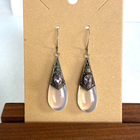 Sterling Silver 925 Oval Bezel Set Amethyst & Opalite Teardrop Dangle Earrings - Picture 1 of 16